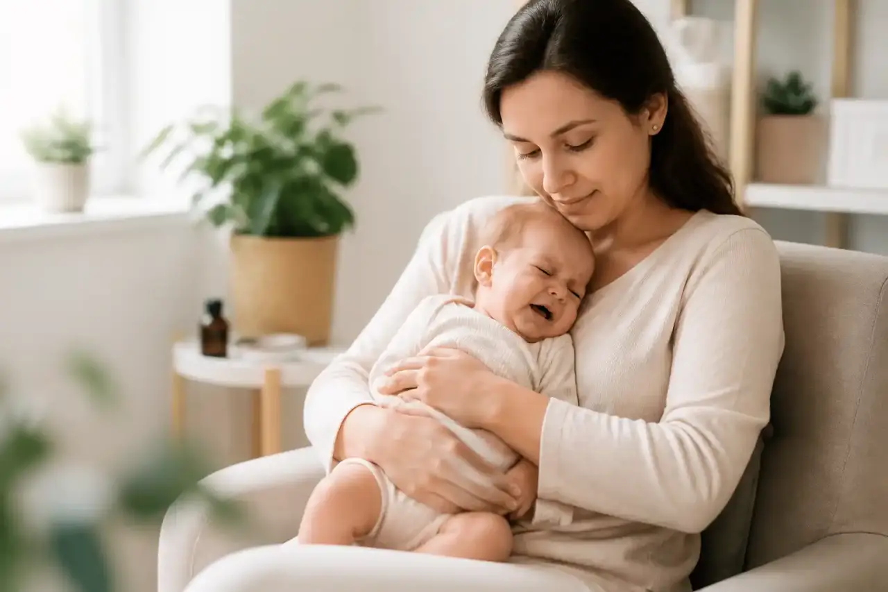 Parent tenant doucement son bébé dans une atmosphère calme et lumineuse