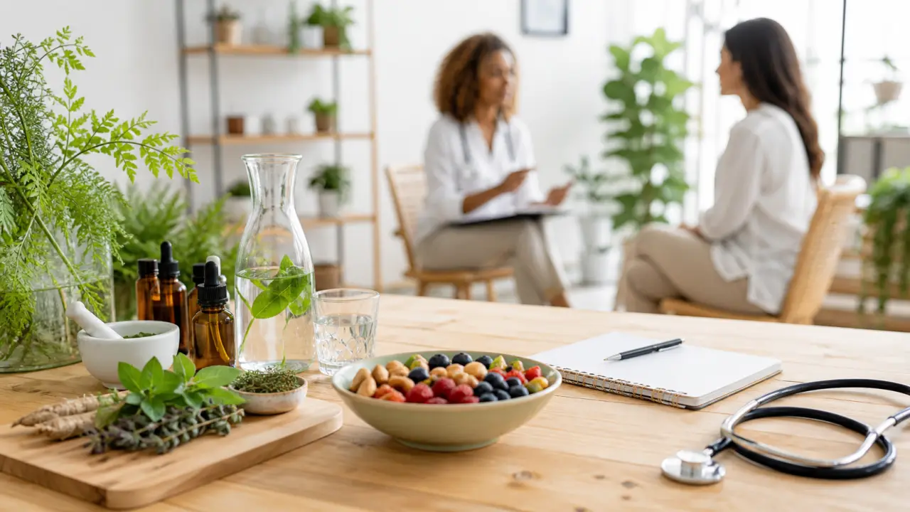 Intérieur apaisant d'un centre de naturopathie baigné de lumière naturelle