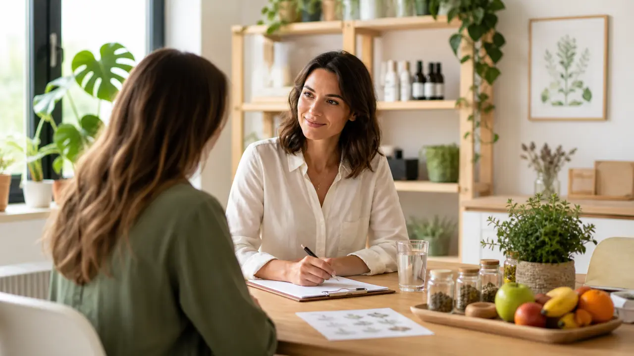 Intérieur lumineux d’un centre de naturopathie avec plantes vertes et atmosphère apaisante